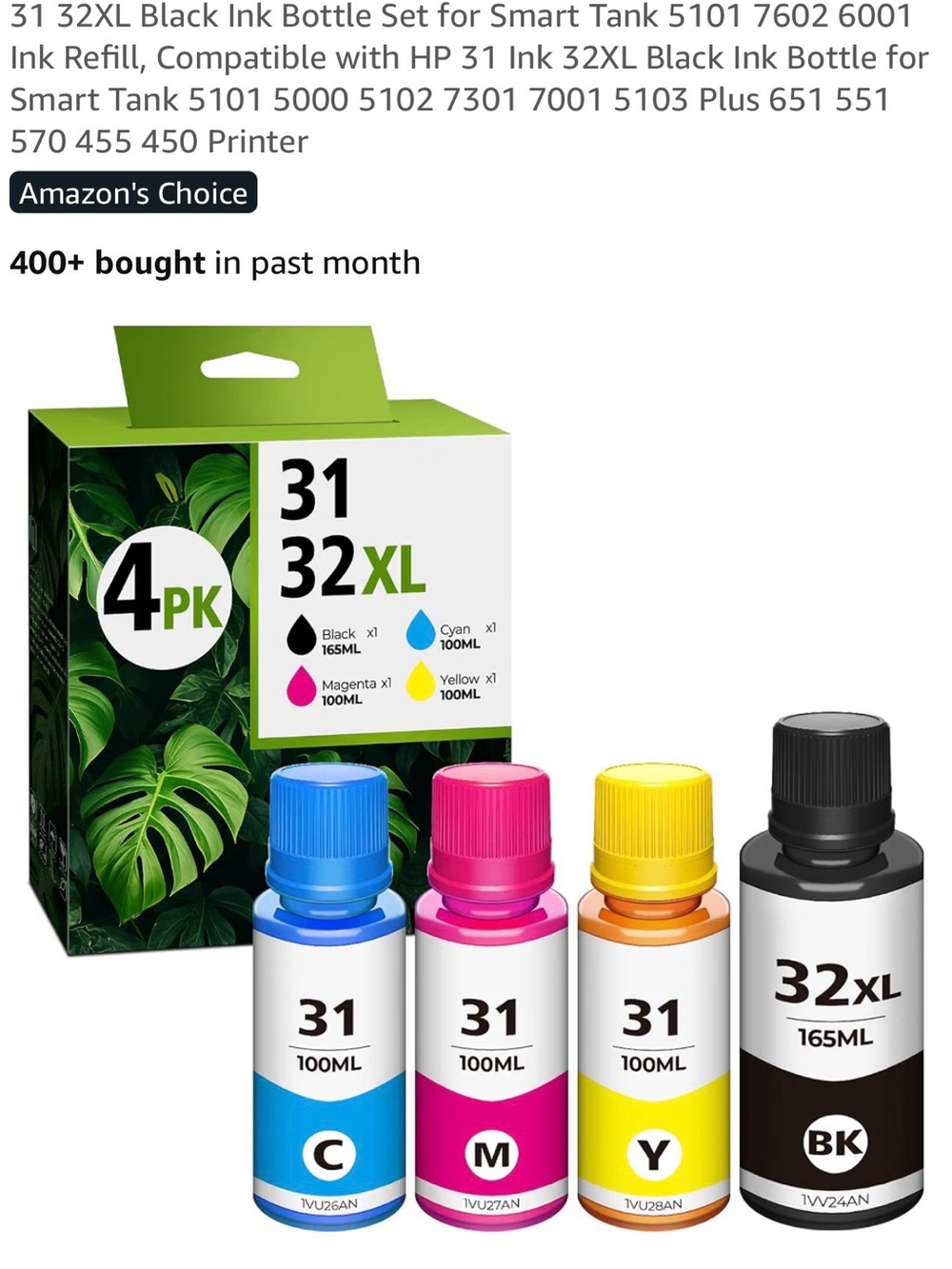 Universal 31/32XL Ink Bottle Set (Black, Cyan, Magenta, Yellow) - 4-Pack